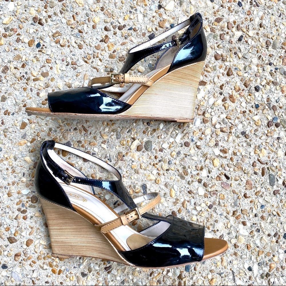Tod’s Zeppa Wedge Black Patent Brownsandals 41